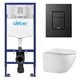 Инсталляция с подвесным унитазом комплект: Abber AC0108 с подвесным унитазом Bequem AC1100 с крышкой микролифт, кнопка смыва AC0123MB черная матовая фото 