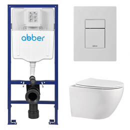 Инсталляция с подвесным унитазом комплект: Abber AC0108 с подвесным унитазом Bequem AC1100 с крышкой микролифт, кнопка смыва AC0123MW белая матовая фото 