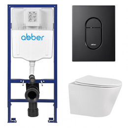 Инсталляция с подвесным унитазом комплект: Abber AC0108 с подвесным унитазом Bequem AC1102 с крышкой микролифт, кнопка смыва AC0124MB черная матовая фото 