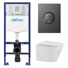 Инсталляция с подвесным унитазом комплект: Abber AC0108 с подвесным унитазом Bequem AC1102 с крышкой микролифт, кнопка смыва AC0126NG оружейная сталь фото 