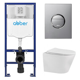 Инсталляция с подвесным унитазом комплект: Abber AC0108 с подвесным унитазом Bequem AC1102 с крышкой микролифт, кнопка смыва AC0126 хром глянцевый фото 