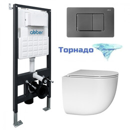 Инсталляция с подвесным унитазом комплект: Abber AC0105 с подвесным унитазом Bequem AC1132TC с крышкой микролифт, кнопка смыва AC0120NG оружейная сталь (система смыва Торнадо) фото 