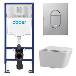 Инсталляция с подвесным унитазом комплект: Abber AC0108 с подвесным унитазом Rechteck AC1201 с крышкой микролифт, кнопка смыва AC0124 хром глянцевый фото 