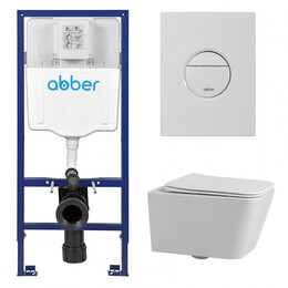 Инсталляция с подвесным унитазом комплект: Abber AC0108 с подвесным унитазом Rechteck AC1201 с крышкой микролифт, кнопка смыва AC0126MW белая матовая фото 