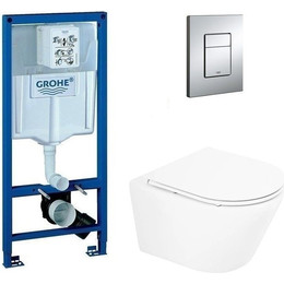 Инсталляция с подвесным унитазом комплект: Grohe Rapid SL 38772001 с подвесным безободковым унитазом BelBagno Tre BB8001CHR/SC сиденье микролифт, крепление, кнопка смыва хром фото 