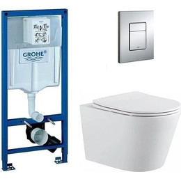 Инсталляция с подвесным унитазом комплект: Grohe Rapid SL 38772001 с подвесным унитазом Aquanet Rimless Atago 2.0 W LX-1905 сиденье микролифт, крепление, кнопка смыва хром фото 