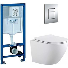 Инсталляция с подвесным унитазом комплект: Grohe Rapid SL 38772001 с подвесным унитазом Aquanet Rimless Cetus 2.0 W LX-1901 сиденье микролифт, крепление, кнопка смыва хром фото 