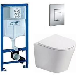 Инсталляция с подвесным унитазом комплект: Grohe Rapid SL 38772001 с подвесным безободковым унитазом Azario Teramo AZ-0053 SP сиденье микролифт, крепление, кнопка смыва хром фото 