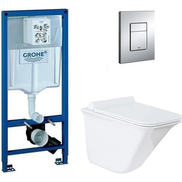 Инсталляция с подвесным унитазом комплект: Grohe Rapid SL 38772001 с подвесным безободковым унитазом Azario Felice 0054 сиденье микролифт, крепление, кнопка смыва хром фото 