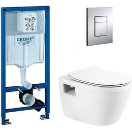 Инсталляция с подвесным унитазом комплект: Grohe Rapid SL 38772001 с подвесным безободковым унитазом Belbagno Loto BB070CHR/SC сиденье микролифт, крепление, кнопка смыва хром фото 