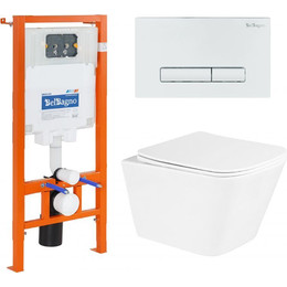 Инсталляция с подвесным безободковым унитазом BelBagno Due BB3103CHR/SC/BB002-80/BB018-GV-BIANCO (кнопка смыва Genova, белый) фото 