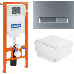 Инсталляция BelBagno BB002-80 с подвесным безободковым унитазом Cezares Cadro CZR-4823-CHR/CZR4823SC/BB002-80/BB011-MR-CHROME.M (кнопка смыва Marmi, хром матовый) фото 