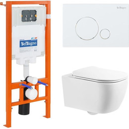 Инсталляция с подвесным безободковым унитазом BelBagno Genova BB1102CH/BB1102SC/BB002-80/BB014-SR-BIANCO (кнопка смыва Sfera, белый) фото 