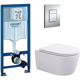 Инсталляция с подвесным унитазом комплект: Grohe Rapid SL 38772001 с подвесным безободковым унитазом Sintesi Dante SIN-TS-DNT-191 сиденье микролифт, крепление, кнопка смыва хром фото 
