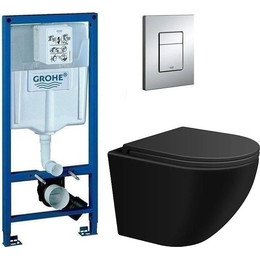 Инсталляция с подвесным унитазом комплект: Grohe Rapid SL 38772001 с подвесным безободковым унитазом Sintesi Evi SIN-TS-EVI-151BM сиденье микролифт, крепление, кнопка смыва хром фото 