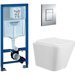 Инсталляция с подвесным унитазом комплект: Grohe Rapid SL 38772001 с подвесным безободковым унитазом Taliente Correto CR25200 сиденье микролифт, крепление, кнопка смыва хром фото 