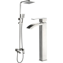 Душевой комплект Haiba: Душевая стойка HB24815 + смеситель для раковины высокий HB11815, цвет сталь фото 