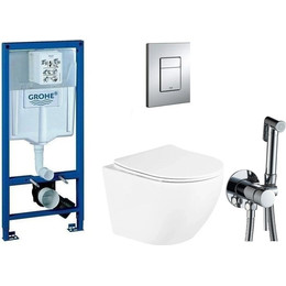 Инсталляция с подвесным унитазом комплект: Grohe Rapid SL 38772001 с подвесным безободковым унитазом BelBagno Uno BB3105CHR/SC сиденье микролифт, крепление, кнопка смыва хром + набор для гигиенического душа Haiba HB5511 фото 