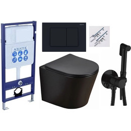 Инсталляция с подвесным унитазом комплект: Aquatek Standart 50 INS-0000012 с подвесным безободковым унитазом Azario Teramo AZ-053E-R-MB SP сиденье микролифт, крепление, кнопка смыва чёрная + набор для гигиенического душа Haiba HB5511-7 фото 