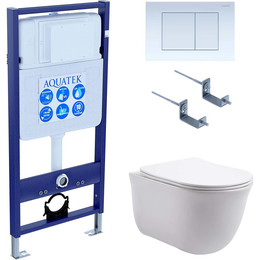 Инсталляция с подвесным унитазом комплект: Aquatek Set INS-0000012 с подвесным безободковым унитазом Классик AQ1111-00 сиденье микролифт, крепление, кнопка смыва белая фото 