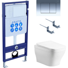 Инсталляция с подвесным унитазом комплект: Aquatek Set INS-0000012 с подвесным безободковым унитазом Амадео AQ1180-00 сиденье микролифт, крепление, кнопка смыва хром глянцевая фото 