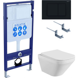 Инсталляция с подвесным унитазом комплект: Aquatek Set INS-0000012 с подвесным безободковым унитазом Лира AQ1155-00 сиденье микролифт, крепление, кнопка смыва чёрная матовая фото 