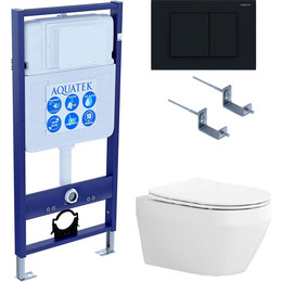 Инсталляция с подвесным унитазом комплект: Aquatek Set INS-0000012 с подвесным безободковым унитазом Лея AQ1199-00 сиденье микролифт, крепление, кнопка смыва чёрная матовая фото 