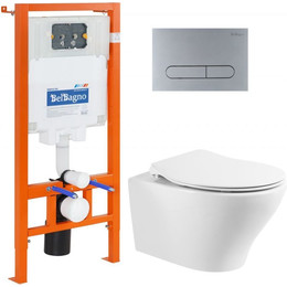 Инсталляция с подвесным безободковым унитазом BelBagno Acqua BB340CHR/BB2020SC/BB002-80/BB006-PR-CHROME.M (кнопка смыва хром матовый) фото 