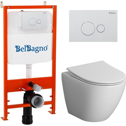 Инсталляция с подвесным унитазом комплект: BelBagno BB026/BB082BL с подвесным безободковым унитазом Niagara Vista NG-9301 сиденье микролифт, крепление, кнопка смыва белый глянцевый фото 