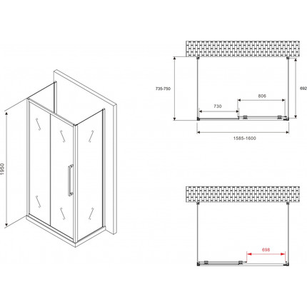 Душевое ограждение Abber Schwarzer Diamant 160x75 см AG30160H-S75-S75, хром/прозрачное фото 5