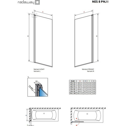 Шторка для ванны Radaway Nes 8 Black PNJ I 70 см 10061070-54-01L (стекло 8 мм), черный/прозрачное фото 4