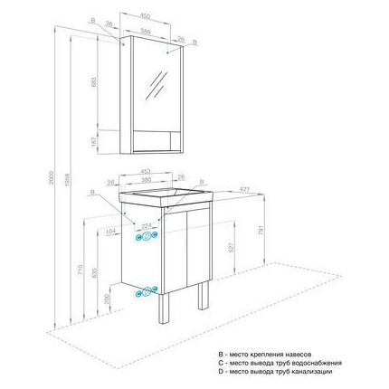 Тумба универсальная с раковиной Акватон Сканди Doors 45 см 1A278701SDB20, дуб верона/белый глянцевый (ножки в комплекте) фото 13