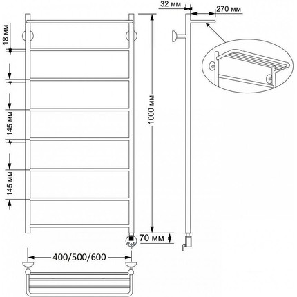 Полотенцесушитель электрический Secado Триада 4 с полкой П8 500x1000 мм (возможность скрытого подключения) бронза - 4 Полотенцесушитель электрический Secado Триада 4 с полкой П8 500x1000 мм (возможность скрытого подключения) бронза фото 4