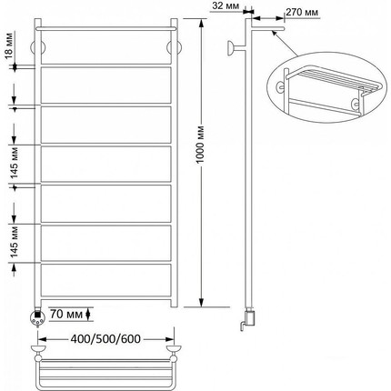 Полотенцесушитель электрический Secado Триада 4 с полкой П8 500x1000 мм (возможность скрытого подключения) бронза - 3 Полотенцесушитель электрический Secado Триада 4 с полкой П8 500x1000 мм (возможность скрытого подключения) бронза фото 3