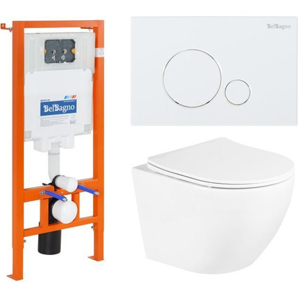 Инсталляция с подвесным безободковым унитазом BelBagno Uno BB3105CHR/SC/BB002-80/BB014-SR-BIANCO (кнопка смыва Sfera, белый) -  Инсталляция с подвесным безободковым унитазом BelBagno Uno BB3105CHR/SC/BB002-80/BB014-SR-BIANCO (кнопка смыва Sfera, белый) фото