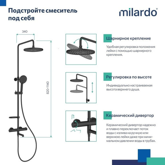 Душевая стойка с термостатом Milardo Ideal Spa ILSBLTHM06, чёрный матовый фото 11