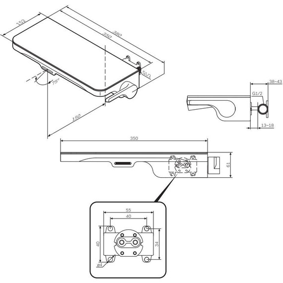 Смеситель для раковины AM.PM Func монтируемый в стену с полкой и каскадным изливом F8F72722, чёрный, Цвет производителя: чёрный фото 10