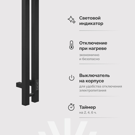 Полотенцесушитель электрический Ewrika Пенелопа П2 80x1200 мм (скрытое подключение) чёрный матовый фото 3