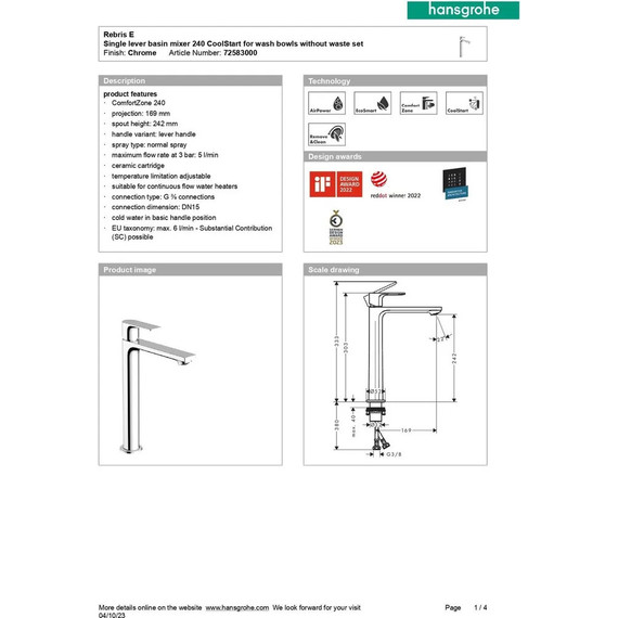 Смеситель для раковины высокий Hansgrohe Rebris E 72583000 фото 4