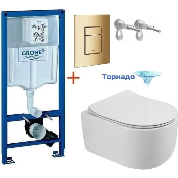 Инсталляция с подвесным унитазом комплект: Grohe Rapid SL с подвесным безободковым унитазом BelBagno Soft-Tor BB084CH-TOR+BB2111SC сиденье микролифт, крепление, кнопка смыва золото глянцевое, Цвет производителя: золото глянцевое фото 