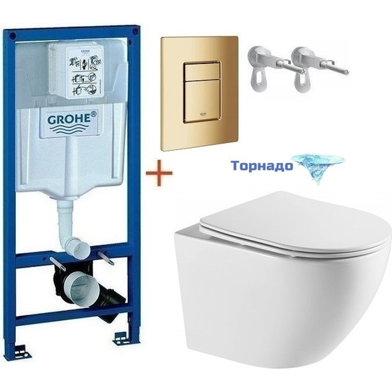 Инсталляция с подвесным унитазом комплект: Grohe Rapid SL с подвесным безободковым унитазом Azario Grado AZ-0046-UQ сиденье микролифт, крепление, кнопка смыва золото глянцевое, Цвет производителя: золото глянцевое фото 