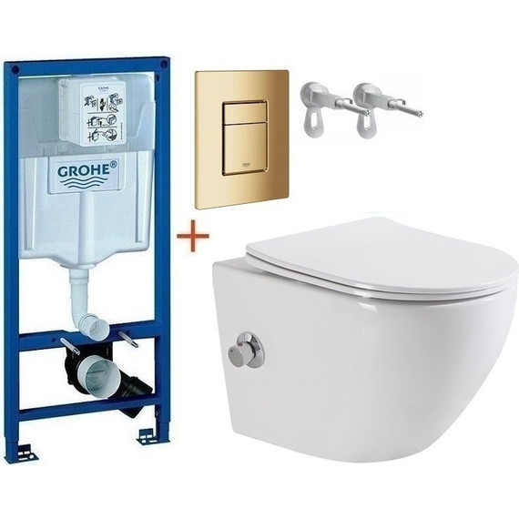 Инсталляция с подвесным унитазом комплект: Grohe Rapid SL с подвесным безободковым унитазом-биде BelBagno Uno BB3105CHR-BS/SC сиденье микролифт, крепление, кнопка смыва золото глянцевое, Цвет производителя: золото глянцевое фото 