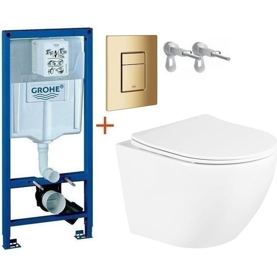 Инсталляция с подвесным унитазом комплект: Grohe Rapid SL с подвесным безободковым унитазом BelBagno Uno BB3105CHR/SC сиденье микролифт, крепление, кнопка смыва золото глянцевое, Цвет производителя: золото глянцевое фото 