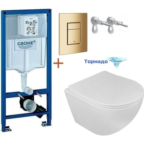 Инсталляция с подвесным унитазом комплект: Grohe Rapid SL 38772001+38732GL0 с подвесным безободковым унитазом Loranto Ester 87265 сиденье микролифт, крепление, кнопка смыва золото глянцевое, Цвет производителя: золото глянцевое фото 