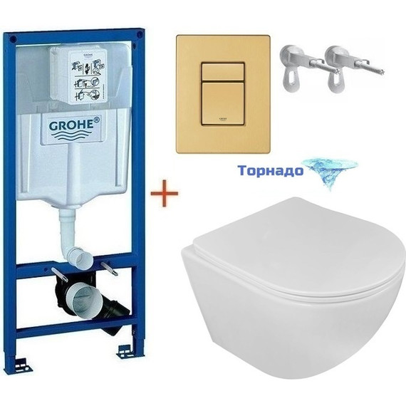 Инсталляция с подвесным унитазом комплект: Grohe Rapid SL 38772001+38732GN0 с подвесным безободковым унитазом Loranto Ester 87265 сиденье микролифт, крепление, кнопка смыва золото матовое, Цвет производителя: золото матовое фото 