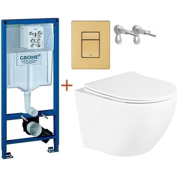 Инсталляция с подвесным унитазом комплект: Grohe Rapid SL с подвесным безободковым унитазом BelBagno Uno BB3105CHR/SC сиденье микролифт, крепление, кнопка смыва золото матовое, Цвет производителя: золото матовое фото 