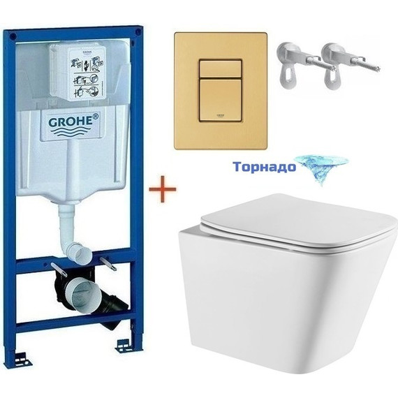 Инсталляция с подвесным унитазом комплект: Grohe Rapid SL с подвесным безободковым унитазом Azario Teramo AZ-0052-UQ сиденье микролифт, крепление, кнопка смыва золото матовое, Цвет производителя: золото матовое фото 