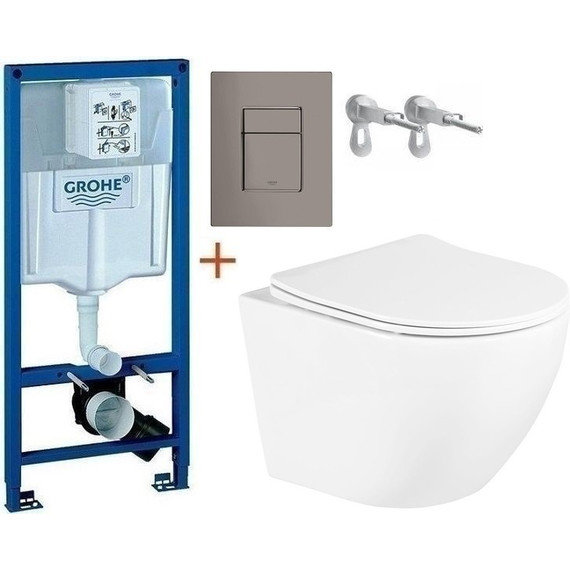 Инсталляция с подвесным унитазом комплект: Grohe Rapid SL с подвесным безободковым унитазом BelBagno Uno BB3105CHR/SC сиденье микролифт, крепление, кнопка смыва графит, Цвет производителя: графит фото 