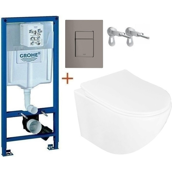 Инсталляция с подвесным унитазом комплект: Grohe Rapid SL с подвесным безободковым унитазом Azario Pro CS-1049SB сиденье микролифт, крепление, кнопка смыва графит, Цвет производителя: графит фото 