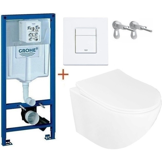 Инсталляция с подвесным унитазом комплект: Grohe Rapid SL с подвесным безободковым унитазом Azario Pro CS-1049SB сиденье микролифт, крепление, кнопка смыва белый матовый, Цвет производителя: белый матовый фото 